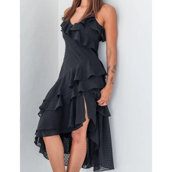 Rumored Tiered Flowy Midi Dress Ruffle Romantic Delicate Prom Womens XS/S Black - Picture 1 of 16